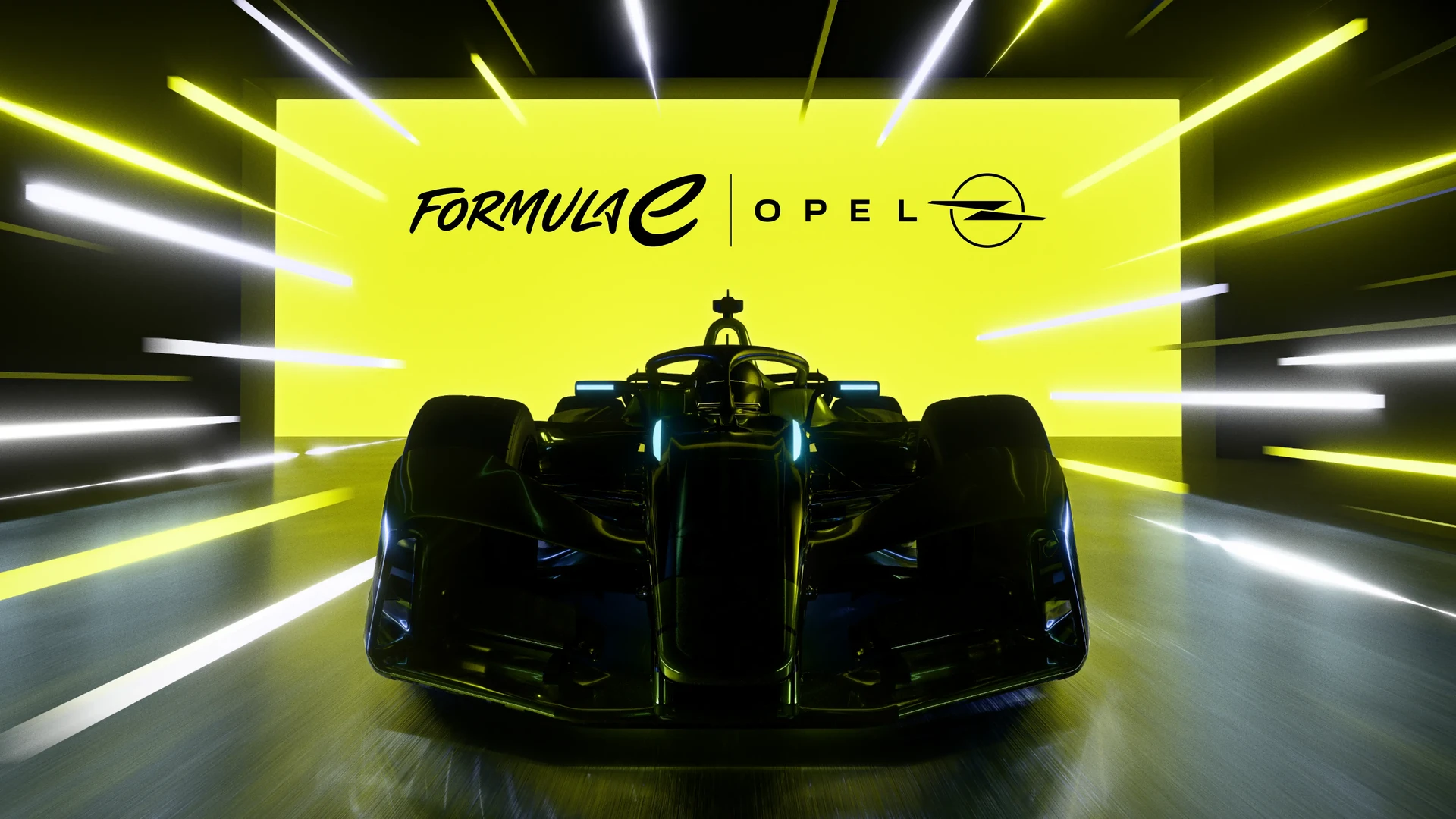 Frontansicht eines schwarzen Formula-E-Gen3-Autos, das aus einem gelb-weißen Neonlichttunnel hervorfährt, mit dem Formula-E- und Opel-Logo prominent darüber.
